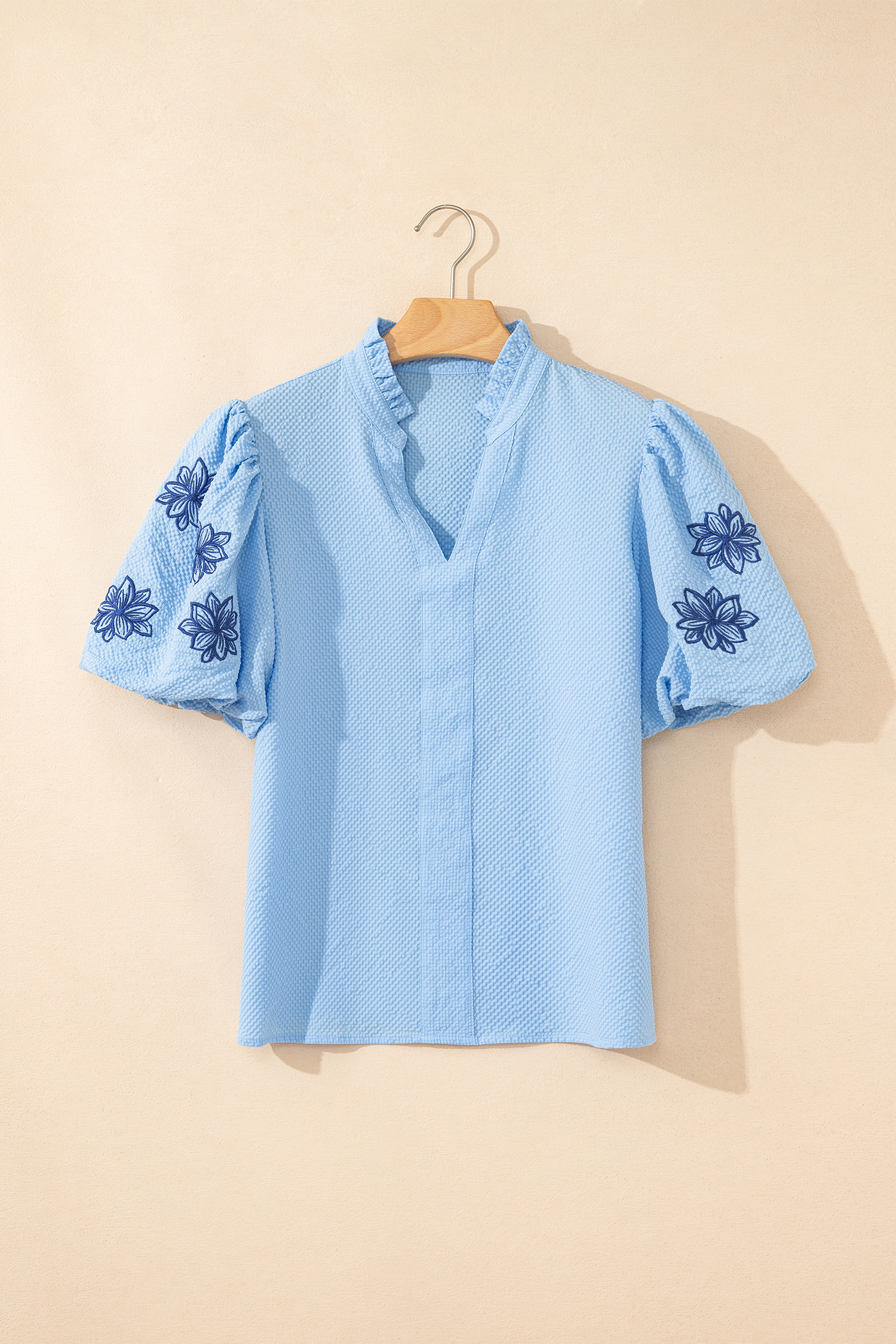 Beau Blue Flower Embroidered Puff Sleeve Split Neck Textured Blouse - loveforevers