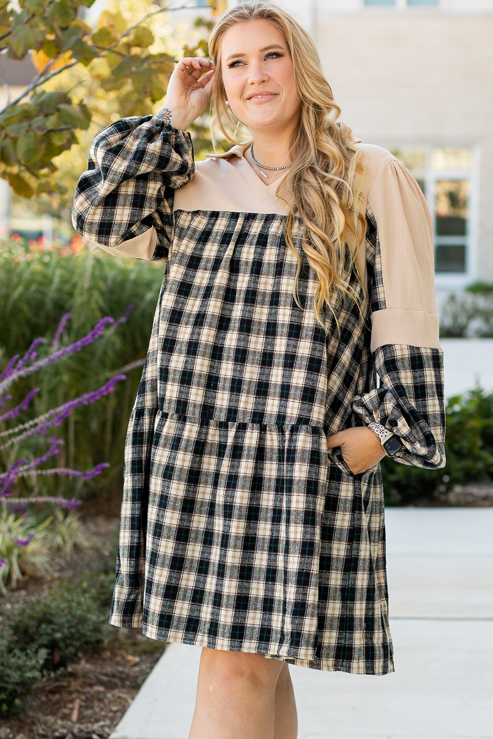 Black Plaid Waffle Knit Patchwork Collared V Neck Plus Size Mini Dress - loveforevers