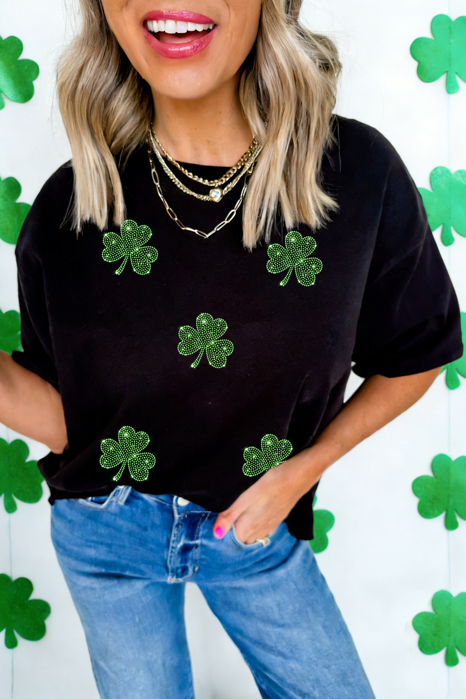 Black St Patricks Day Rhinestone Clover Round Neck Tee - loveforevers