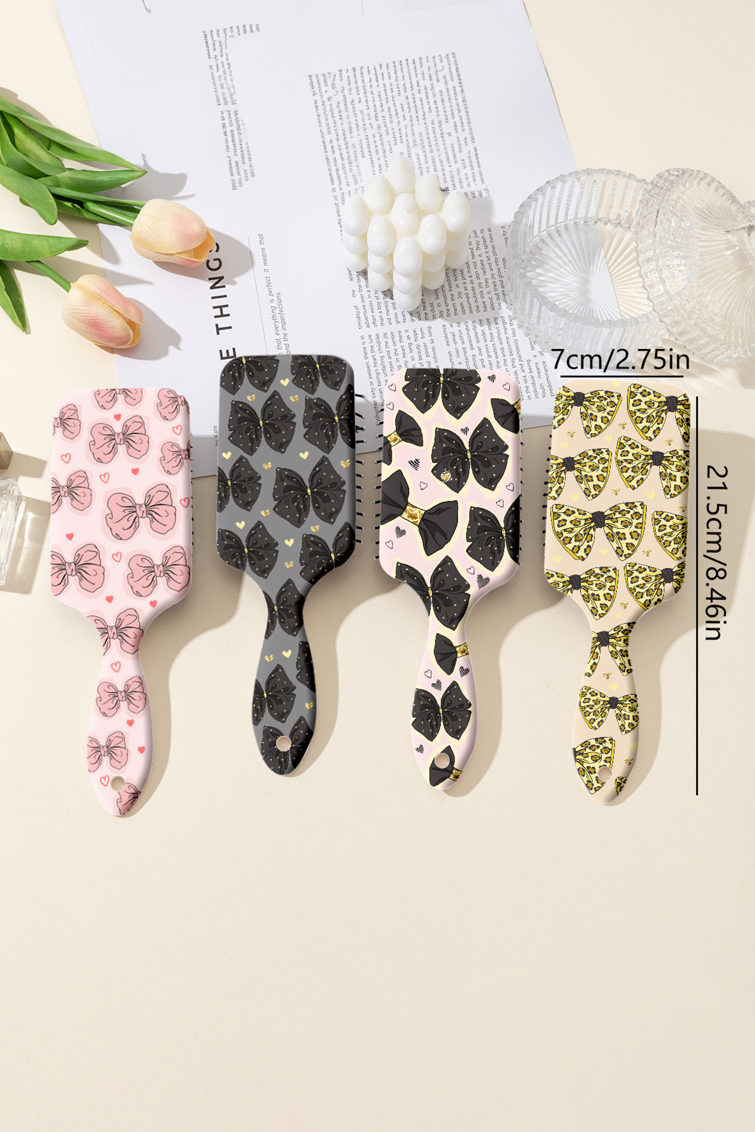 Pink Cute Bow Tiny Heart Printed Air Cushion Comb - loveforevers
