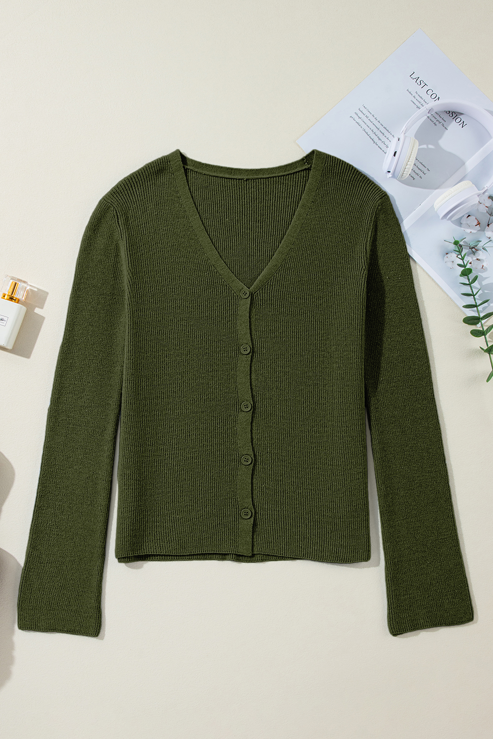 Moss Green Lightweight Ribbed Knit Button Front V Neck Cardigan - loveforevers