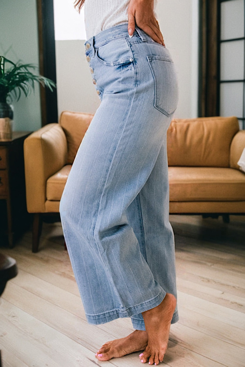 Beau Blue Multi Buttons Pinstripe Wide Leg Jeans - loveforevers
