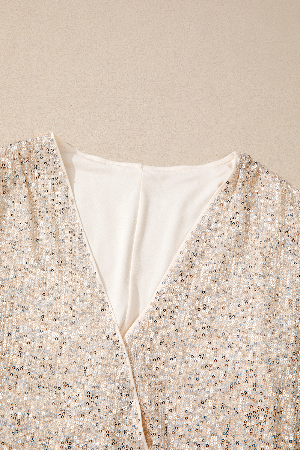 Beige Sequin Long Sleeve Wrap V Neck Bodysuit - loveforevers