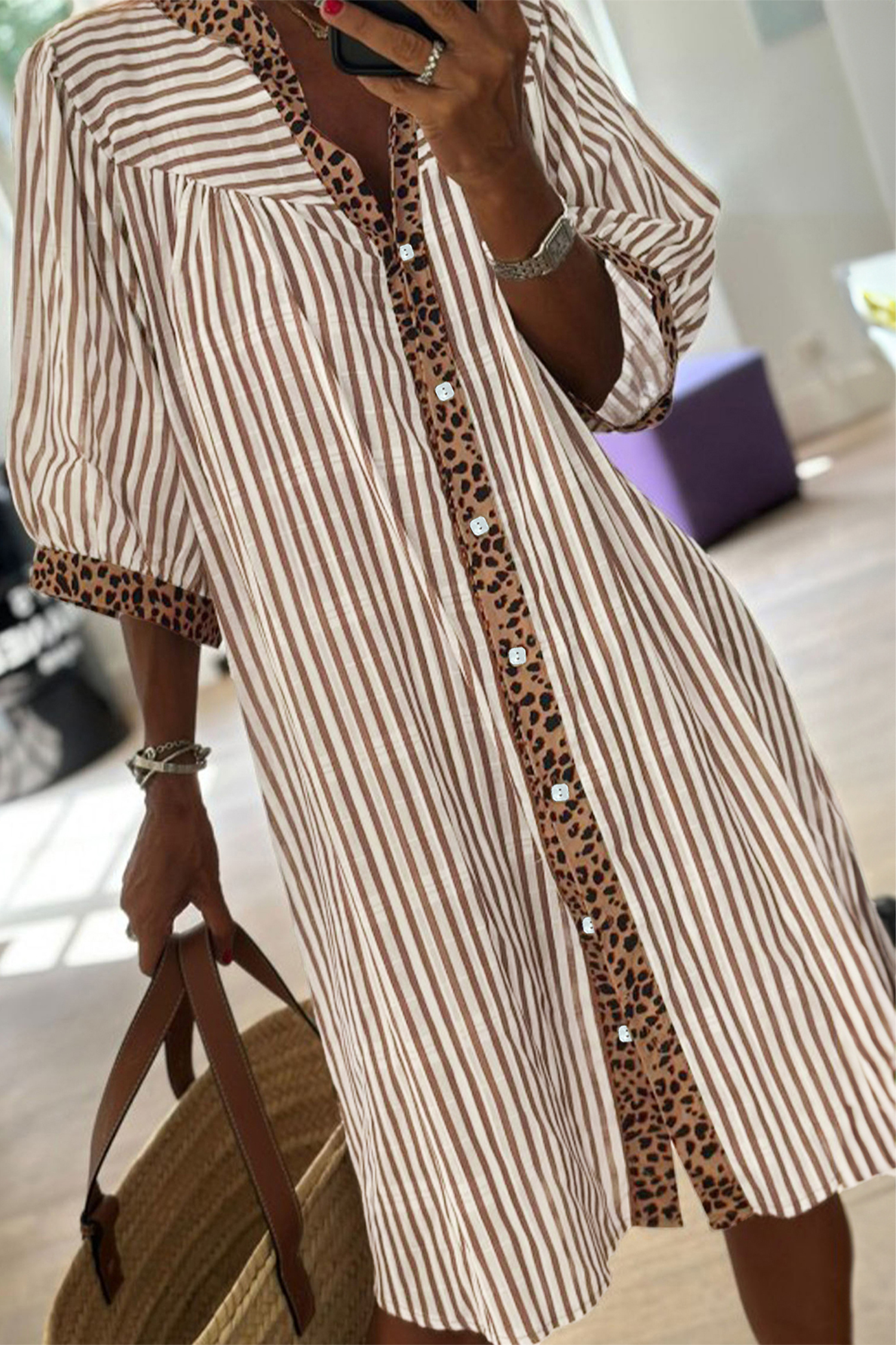 Khaki Stripe Square Button Leopard Trim Loose Bracelet Sleeve Shirt Dress - loveforevers