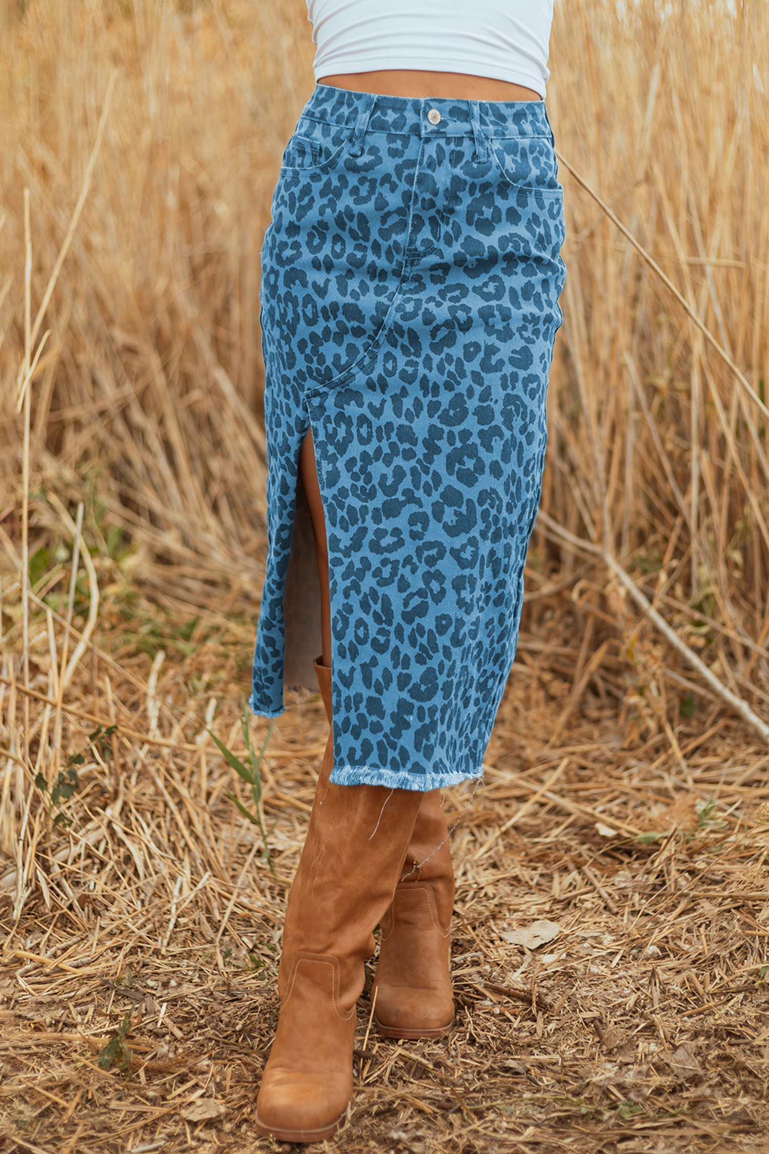 Brown Leopard Denim Frayed Split Denim Midi Skirt - loveforevers