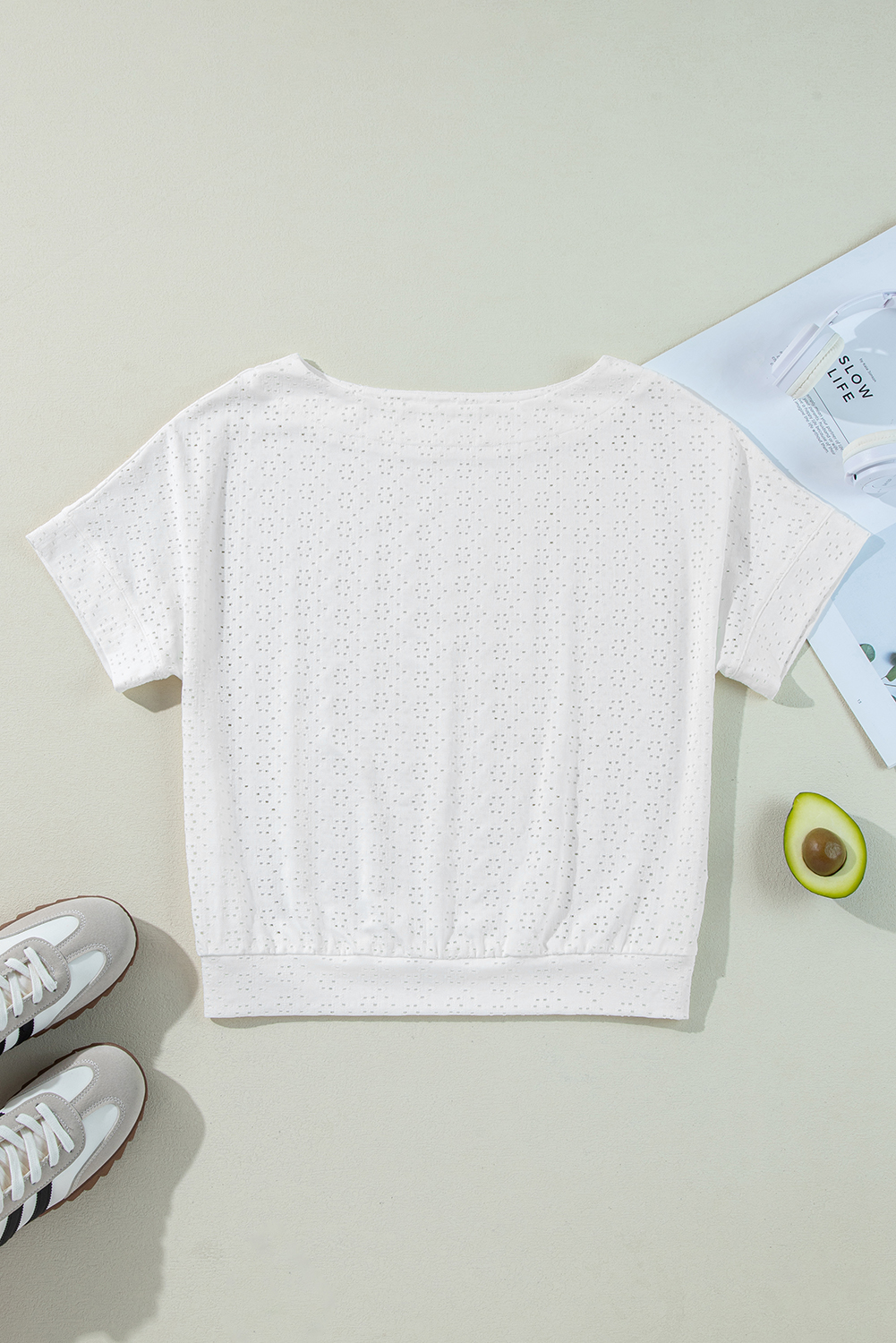 White Eyelet Pattern Boat Neck Casual Tee - loveforevers