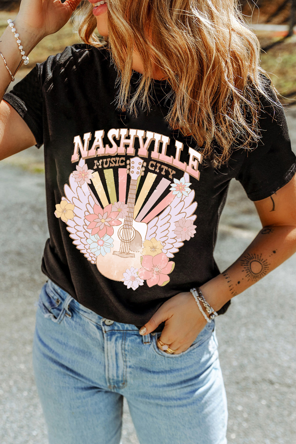 Black Nashville Music City Guitar Angel Wing Graphic Tee - loveforevers