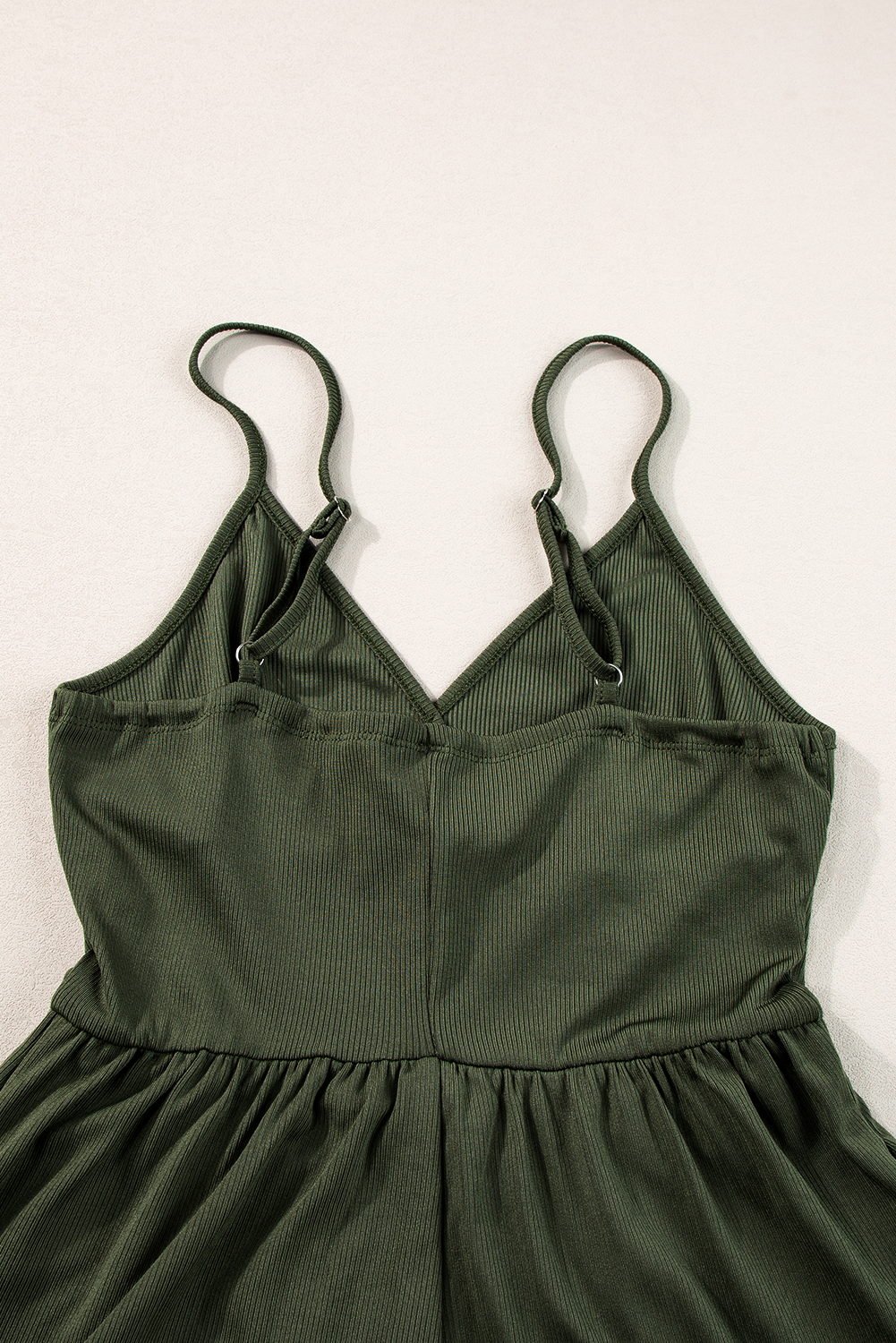 Moss Green Spaghetti Straps Cinched Waist Ribbed Romper - loveforevers