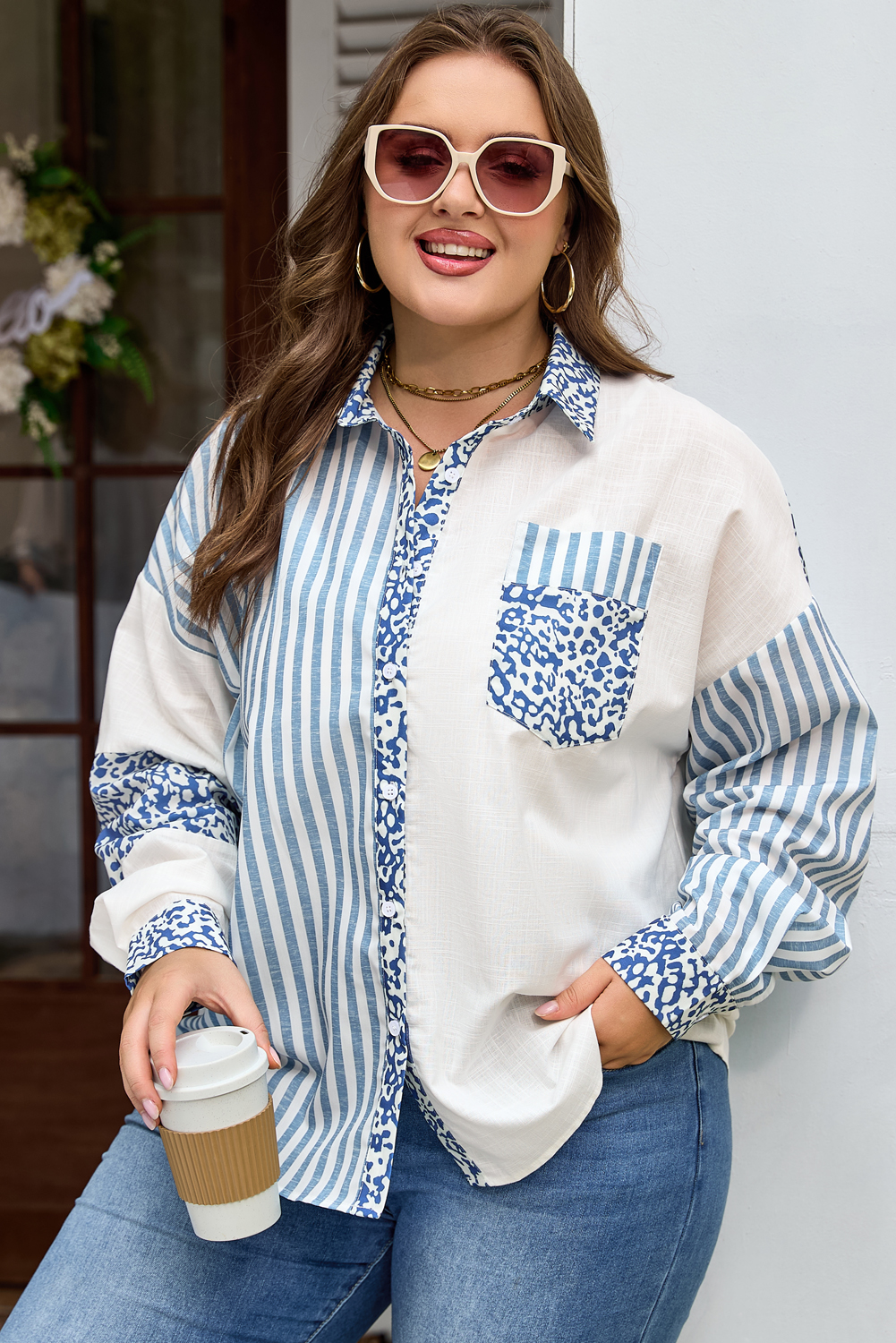Sky Blue Leopard Striped Western Casual Shirt - loveforevers
