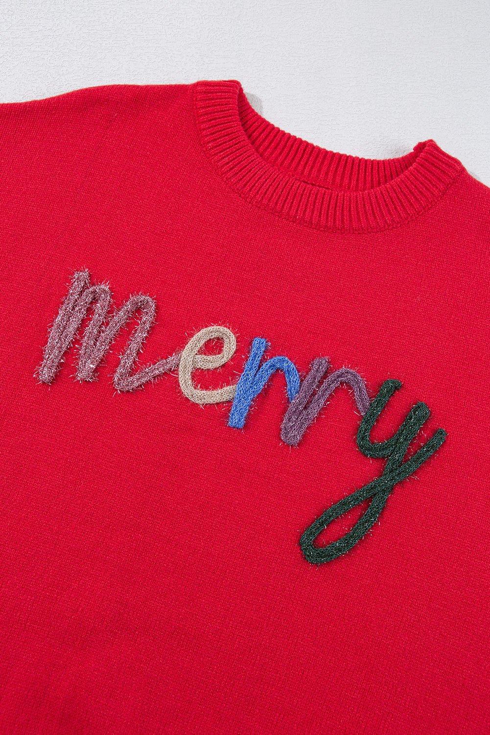 Fiery Red Tinsel Merry Letter Drop Shoulder Baggy Sweater - loveforevers
