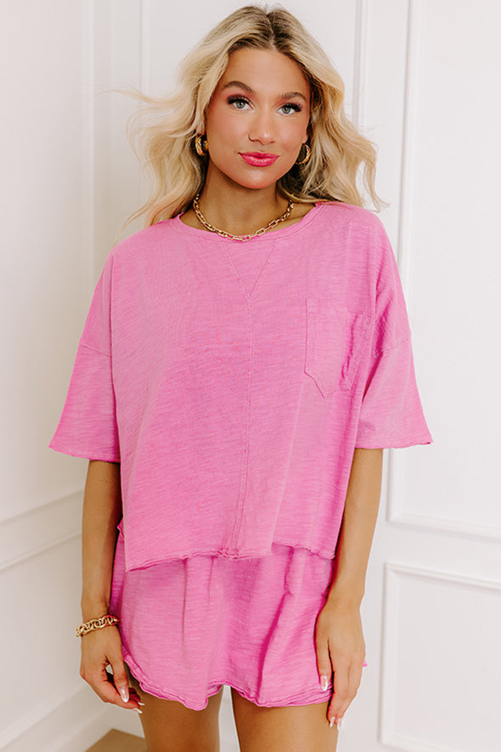 Sachet Pink Loose Fit Half Sleeve T Shirt and High Waist Skirt Set - loveforevers