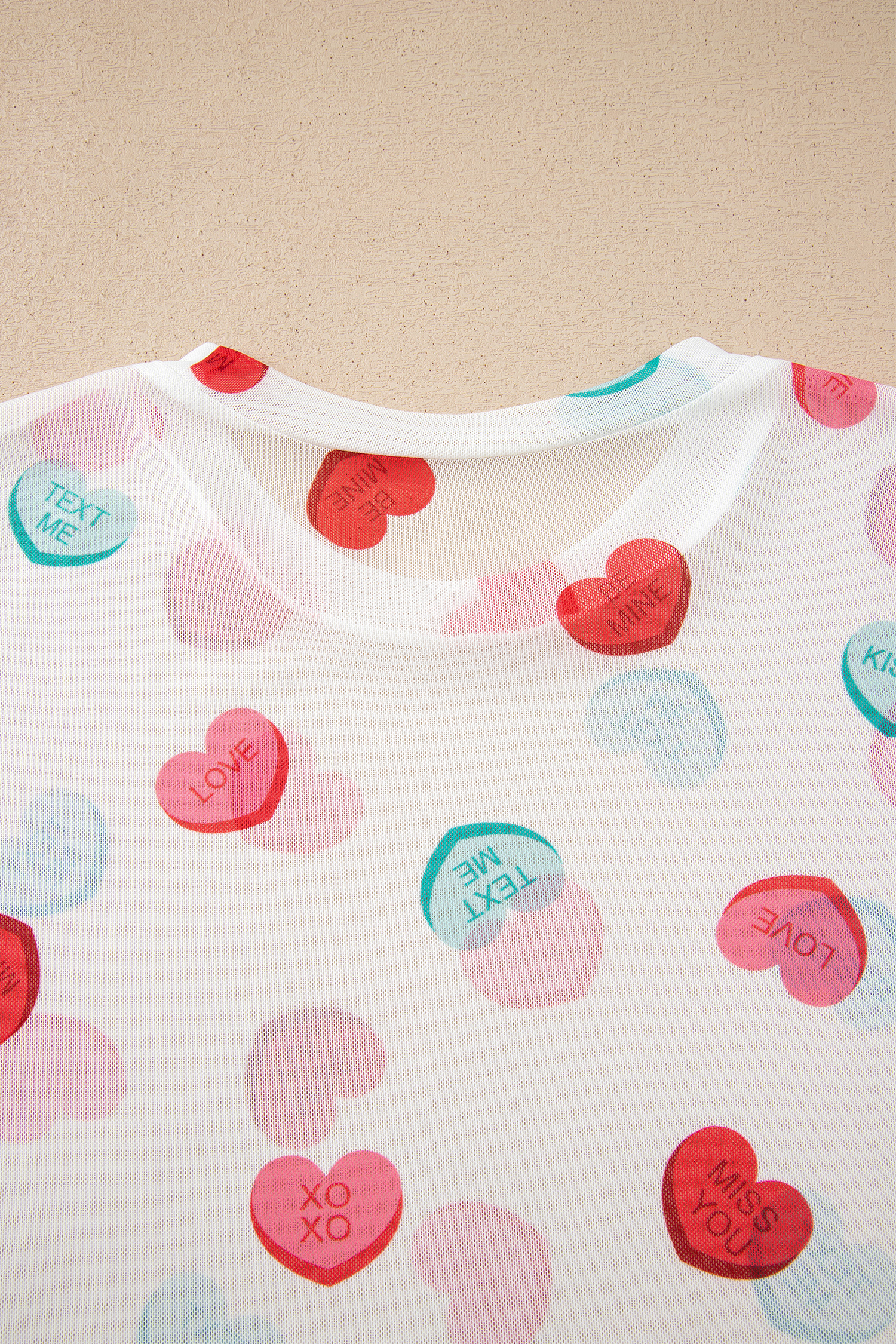 White Sheer Mesh Valentines Slogan Heart Printed Long Sleeve Top - loveforevers