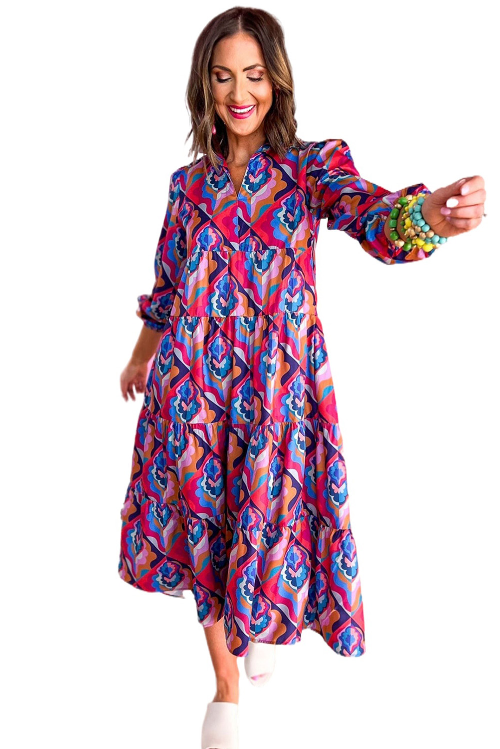 Abstract Geometric Print Long Sleeve High Waist Dress - loveforevers