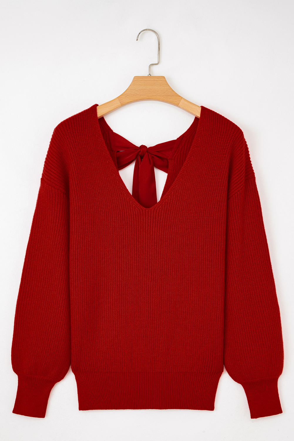 Racing Red Lantern Sleeve V Neck Knot Back Sweater - loveforevers