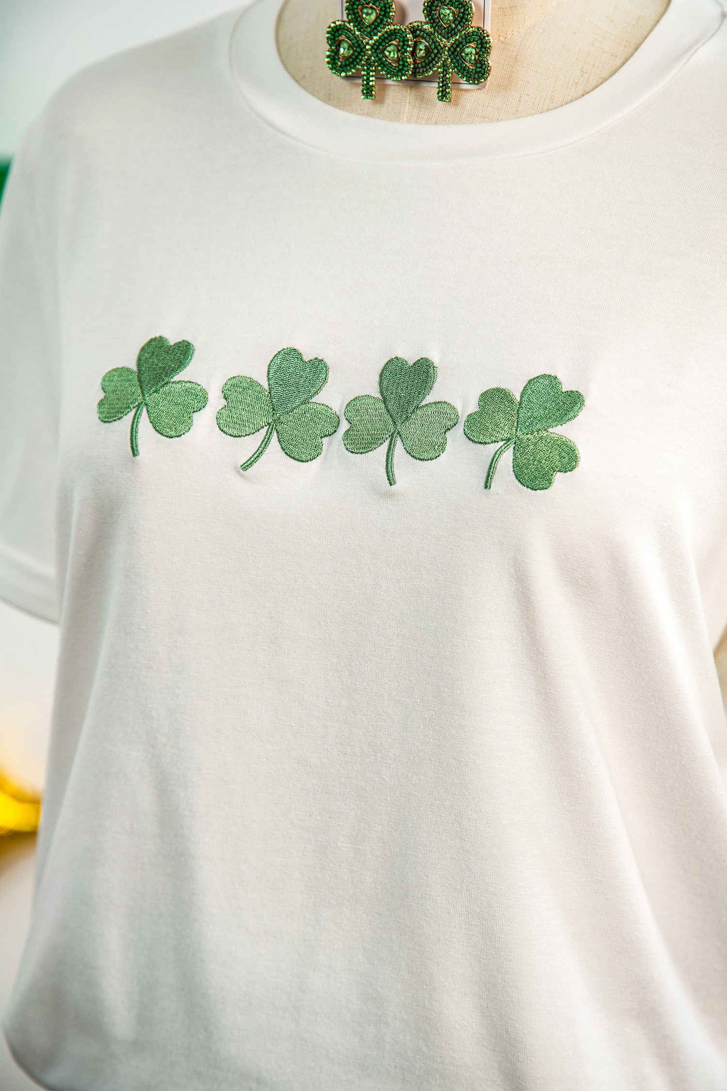 White Embroidered Clover St Patricks Fashion Graphic Tee - loveforevers