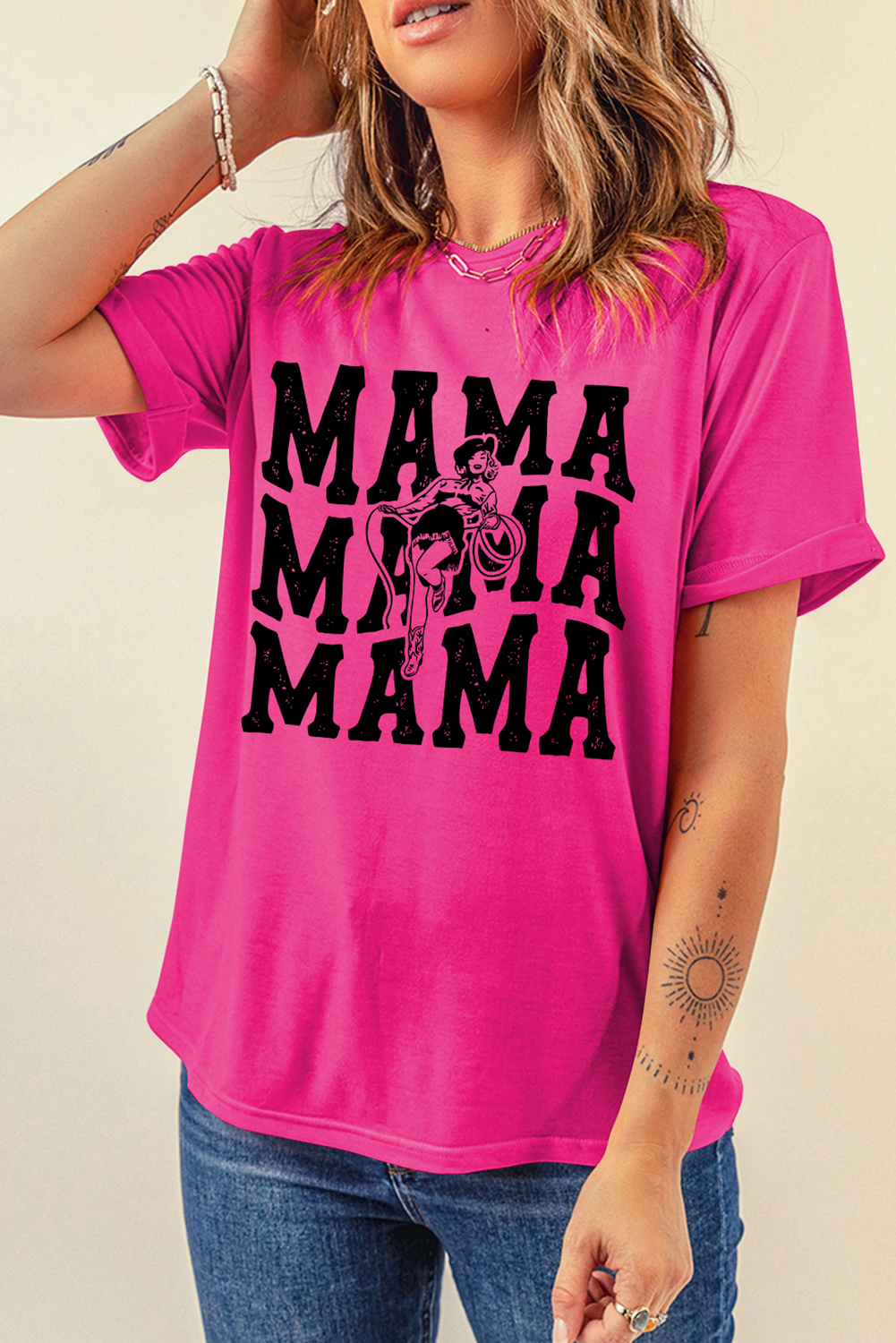 Rose Red Western MAMA Print Crew Neck T Shirt - loveforevers
