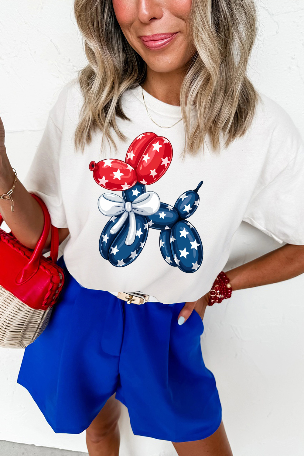 White American Flag Inspired Balloon Dog Graphic Cotton Blend T Shirt - loveforevers