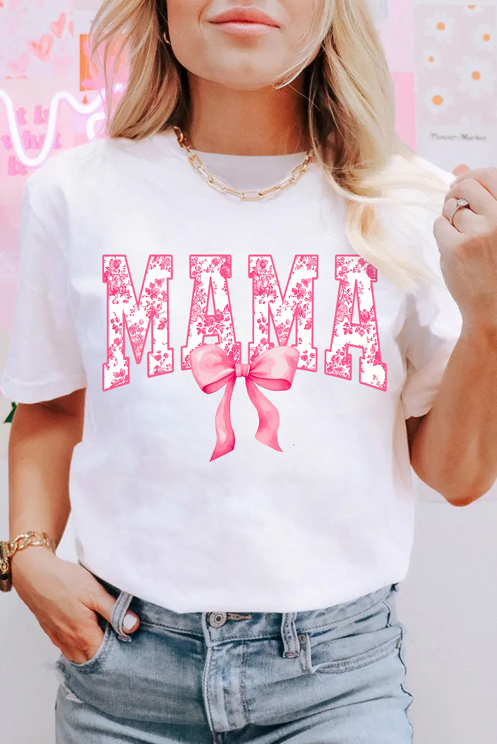 White Floral MAMA Lettering Bow Printed T Shirt - loveforevers
