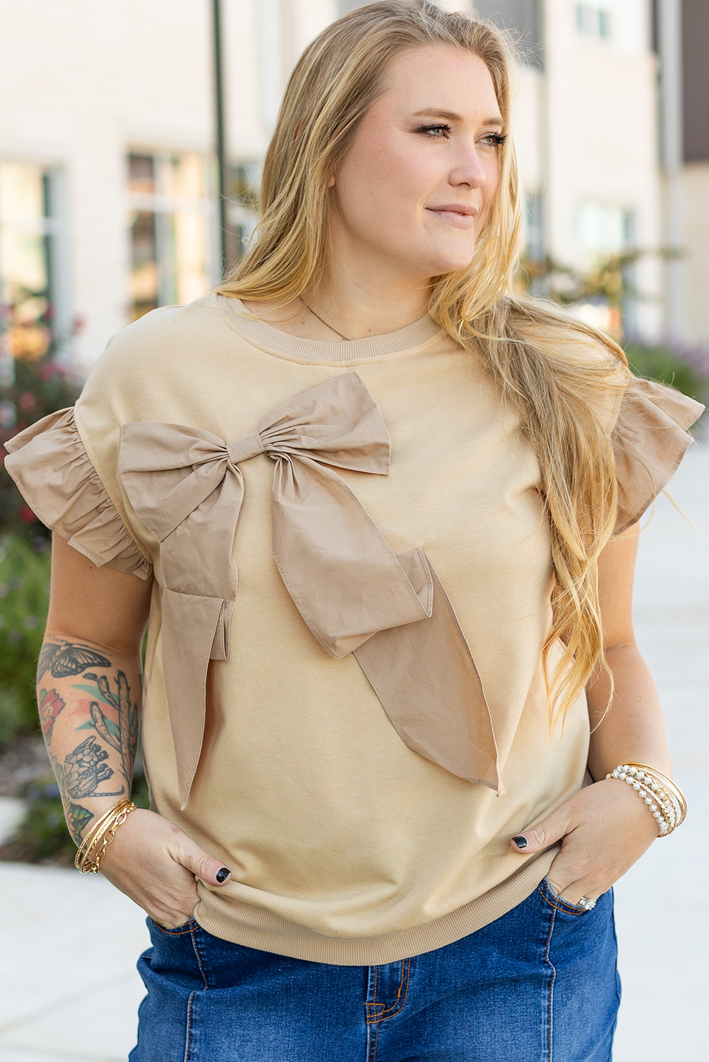 Parchment Ruffled Short Sleeve Bowknot Applique Crew Neck Plus Size Top - loveforevers