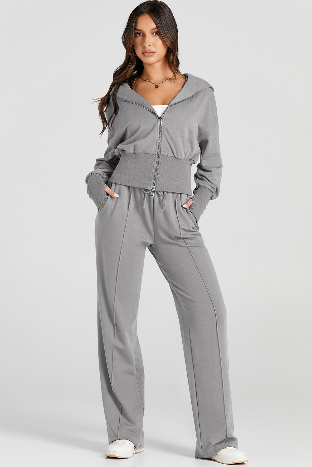 Gray Double Zipper Hooded Jacket and Sweatpants Active Set - loveforevers