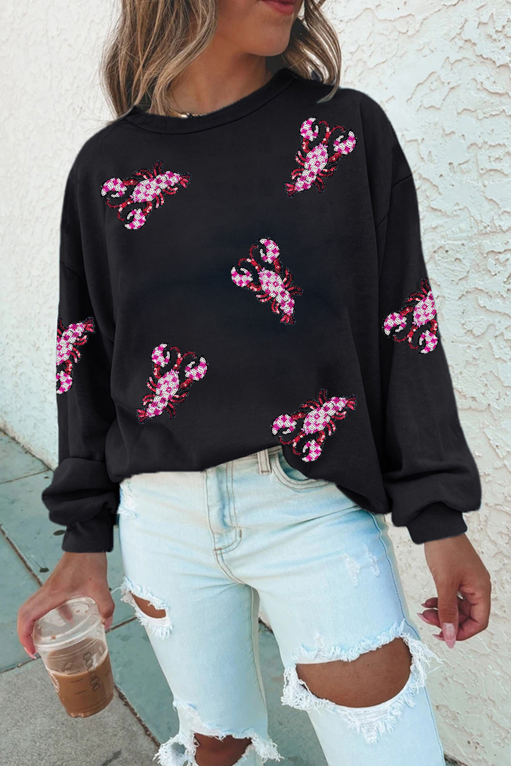 Black Sequin Crawfish Patched Crew Neck Tee - loveforevers