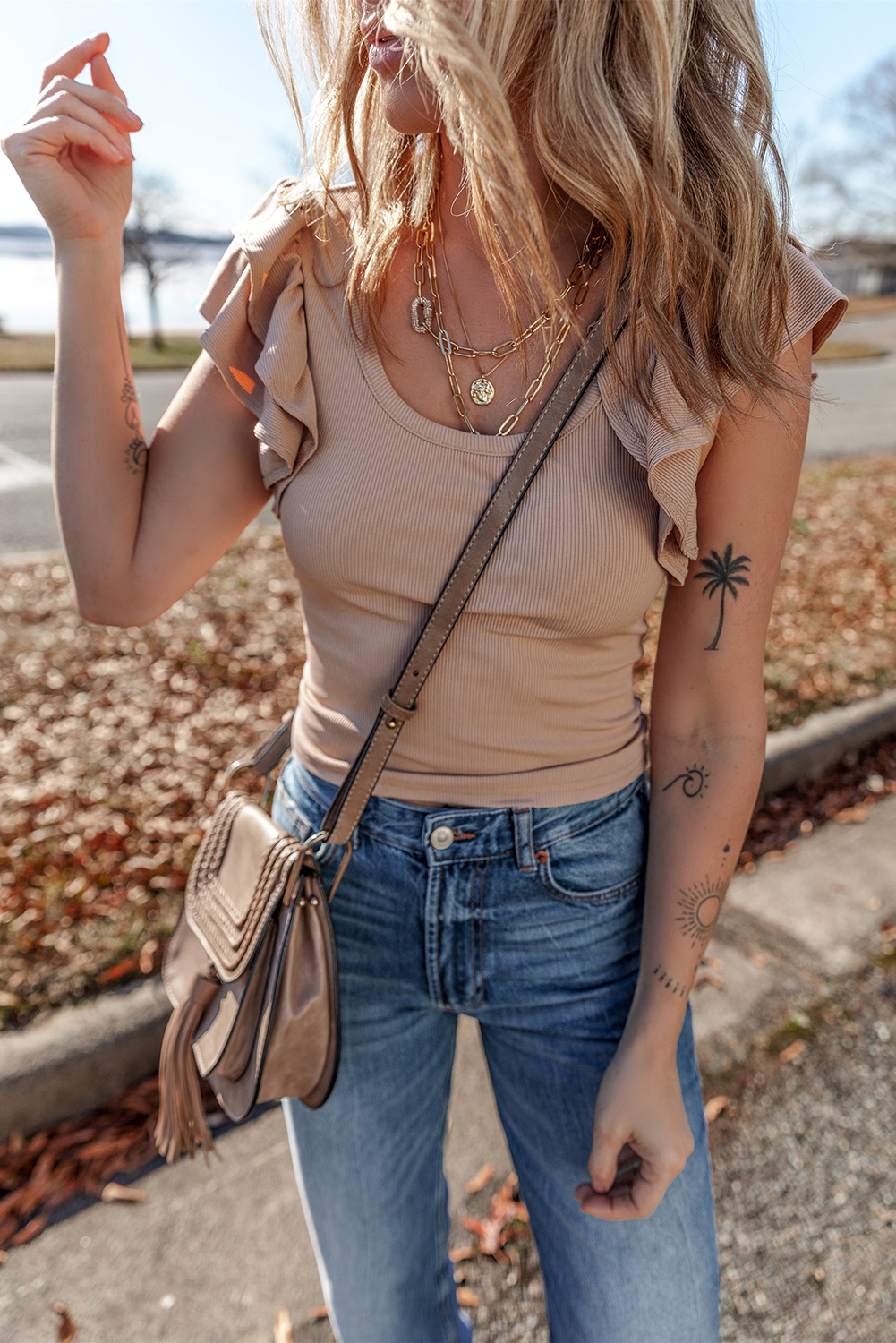 Smoke Gray Ribbed Knit Ruffled Shoulder Slim Fit Tank Top - loveforevers