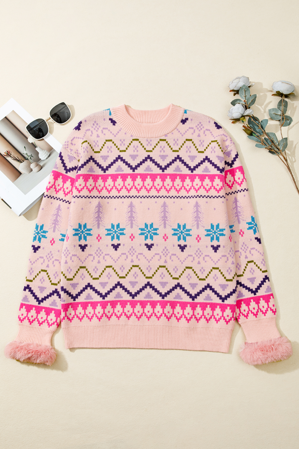 Multicolour Ethnic Christmas Pattern Knit Feather Cuffed Sweater - loveforevers