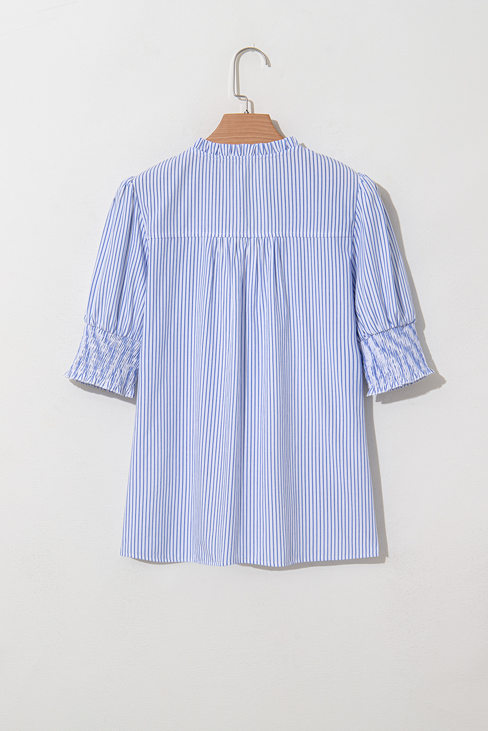 Gray Stripe Shirred Detail V Neck Puff Half Sleeve V Neck Blouse - loveforevers
