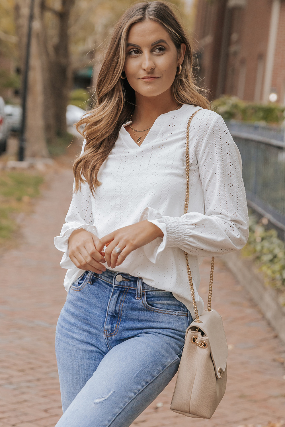 White Split Neck Textured Loose Blouse - loveforevers