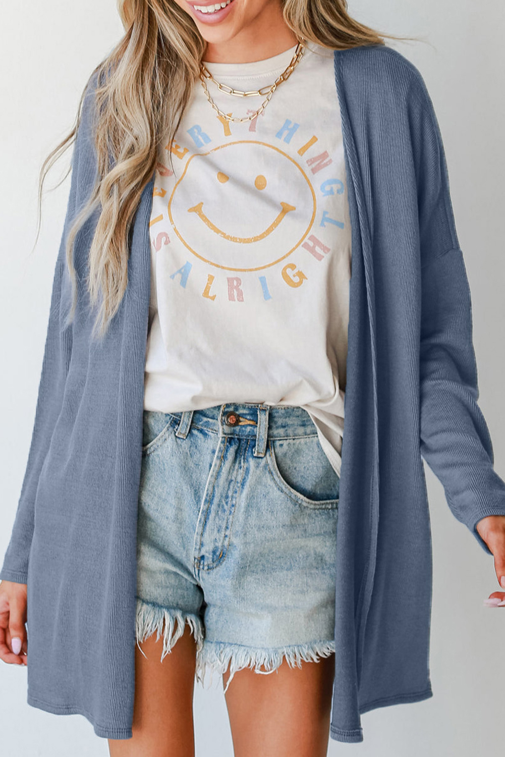 Ashleigh Blue Solid Color Rib Knit Open Front Tunic Cardigan - loveforevers