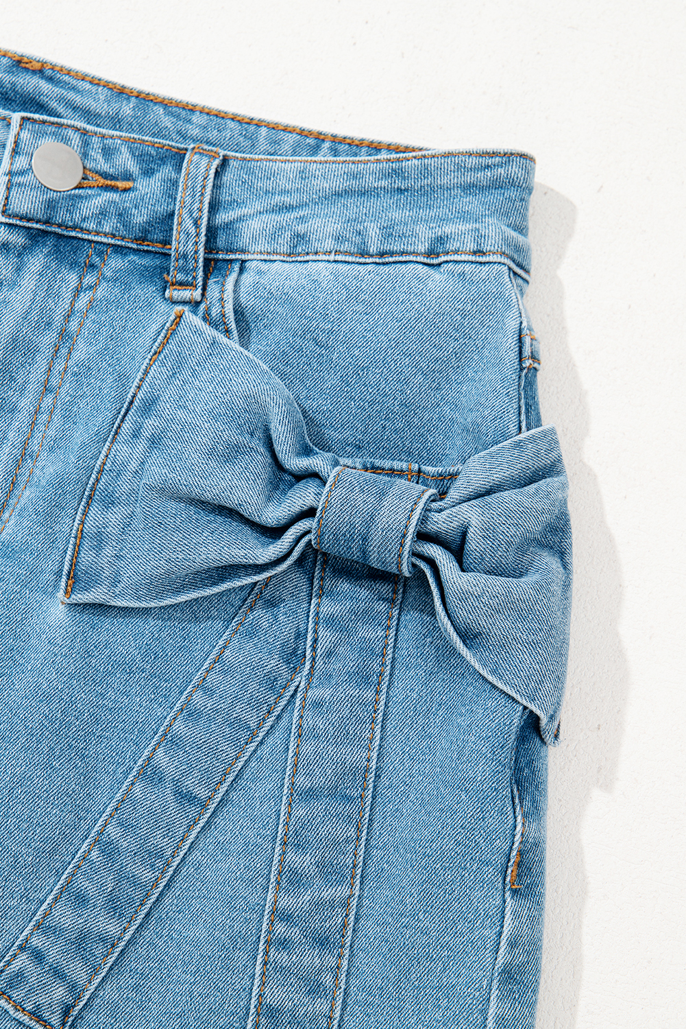 Dusk Blue Acid Wash Bowknot Details High Waist Denim Skirt - loveforevers