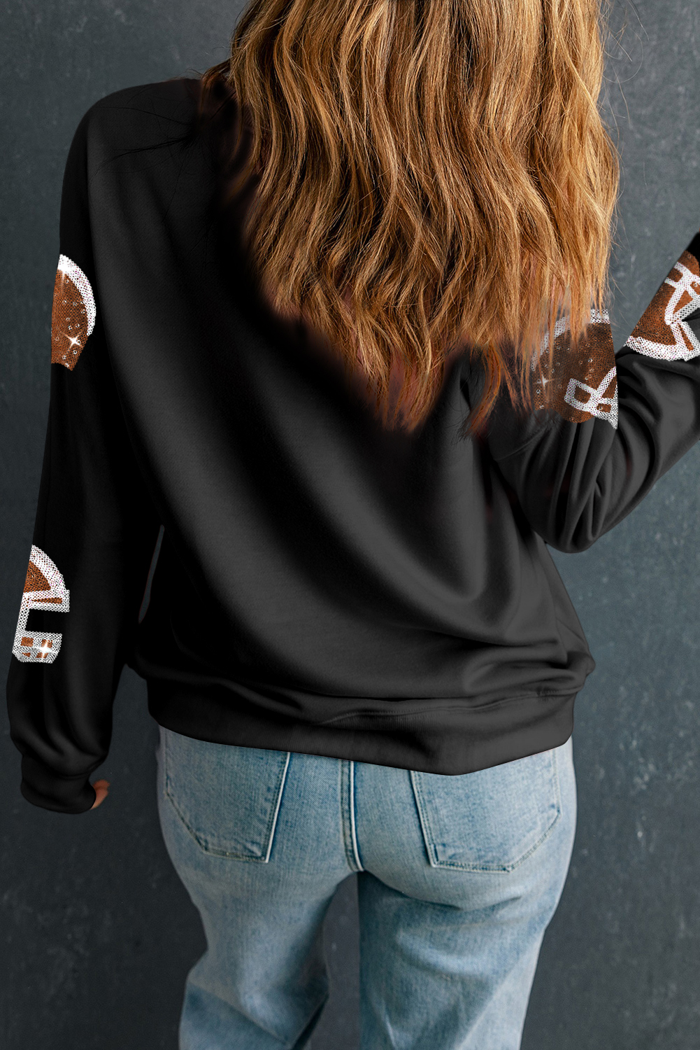Black Sequin Rugby Football Helmet Graphic Game Day Sweatshirt - loveforevers