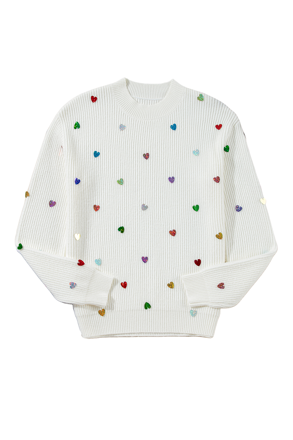 Beige Sequin Heart Shape Waffle Knit Round Neck Sweater - loveforevers