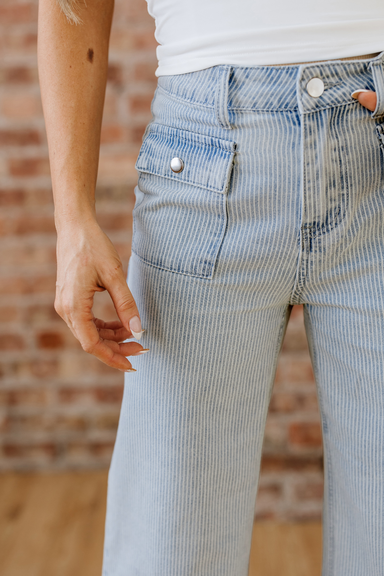 Sky Blue Stripe Button Flap Pocket Cuffed Hem Wide Leg Jeans - loveforevers
