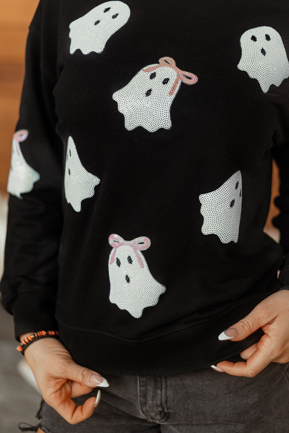 Wisteria Glitter Trim Chenille Ghost Patched Halloween Graphic Tee - loveforevers