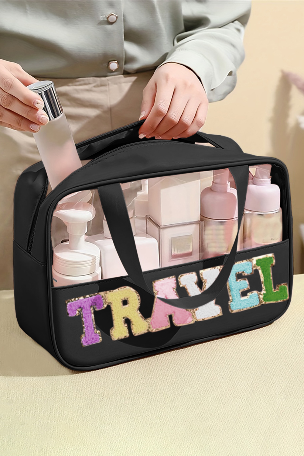 Light Pink TRAVEL Chenille Letter Clear PVC Makeup Bag - loveforevers