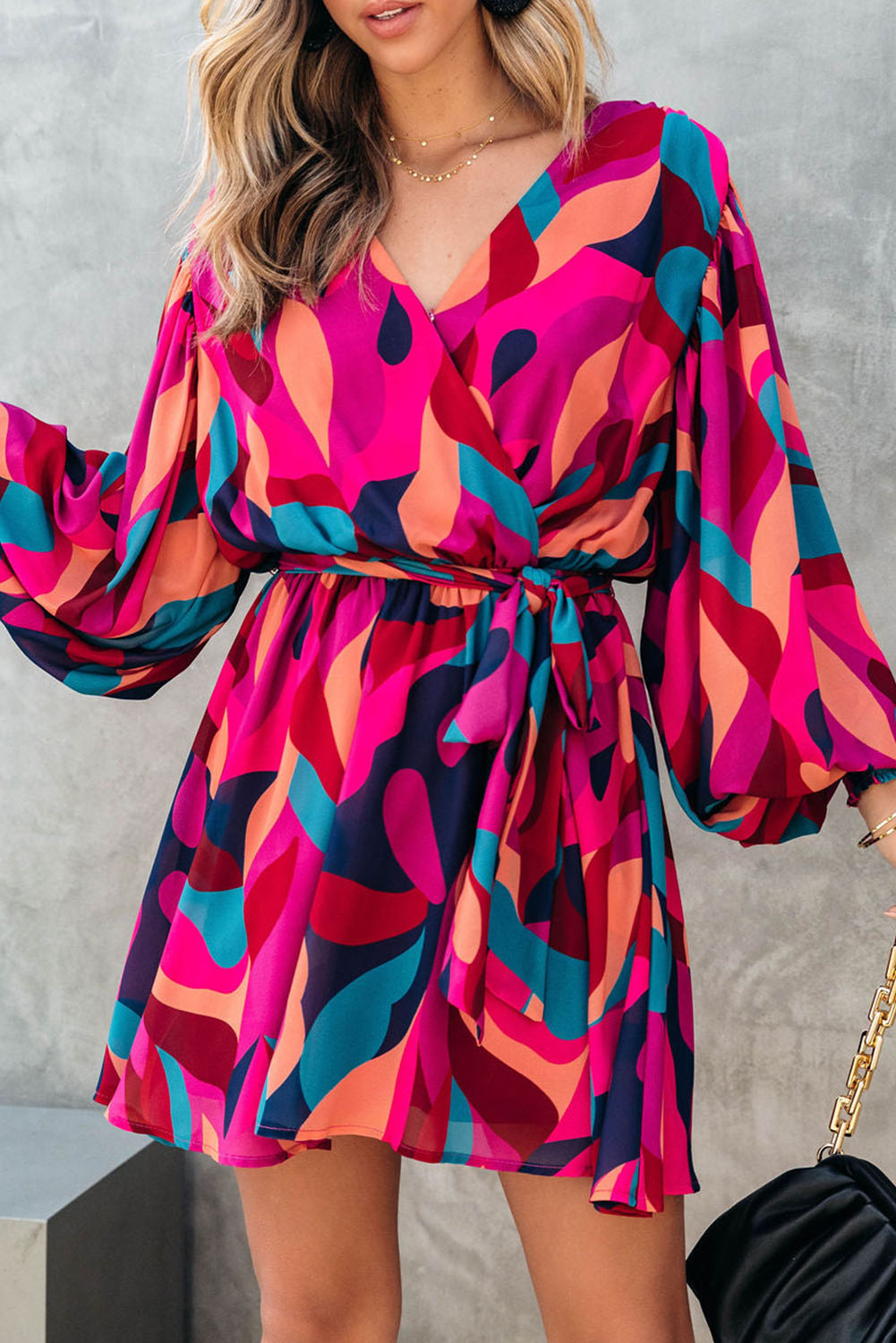 Fiery Red Abstract Printed Belted Puff Sleeve Mini Dress - loveforevers