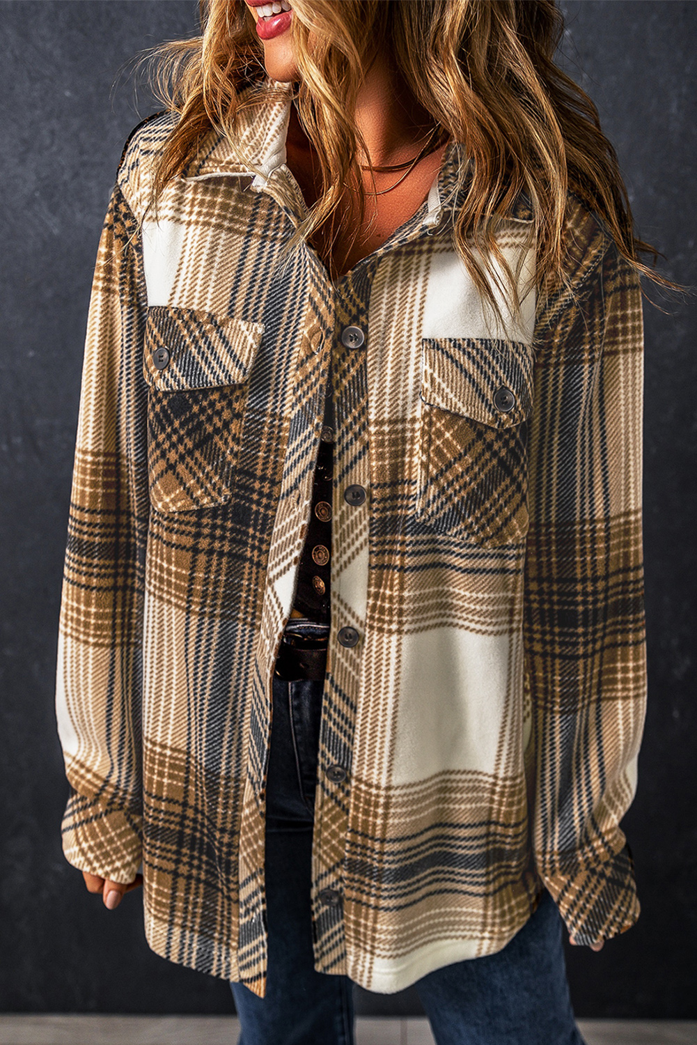 Multicolour Plaid Print Flap Pocket Button Up Shacket - loveforevers