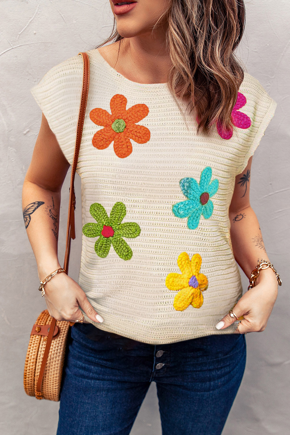 White Flower Crochet Round Neck Knitted Top - loveforevers
