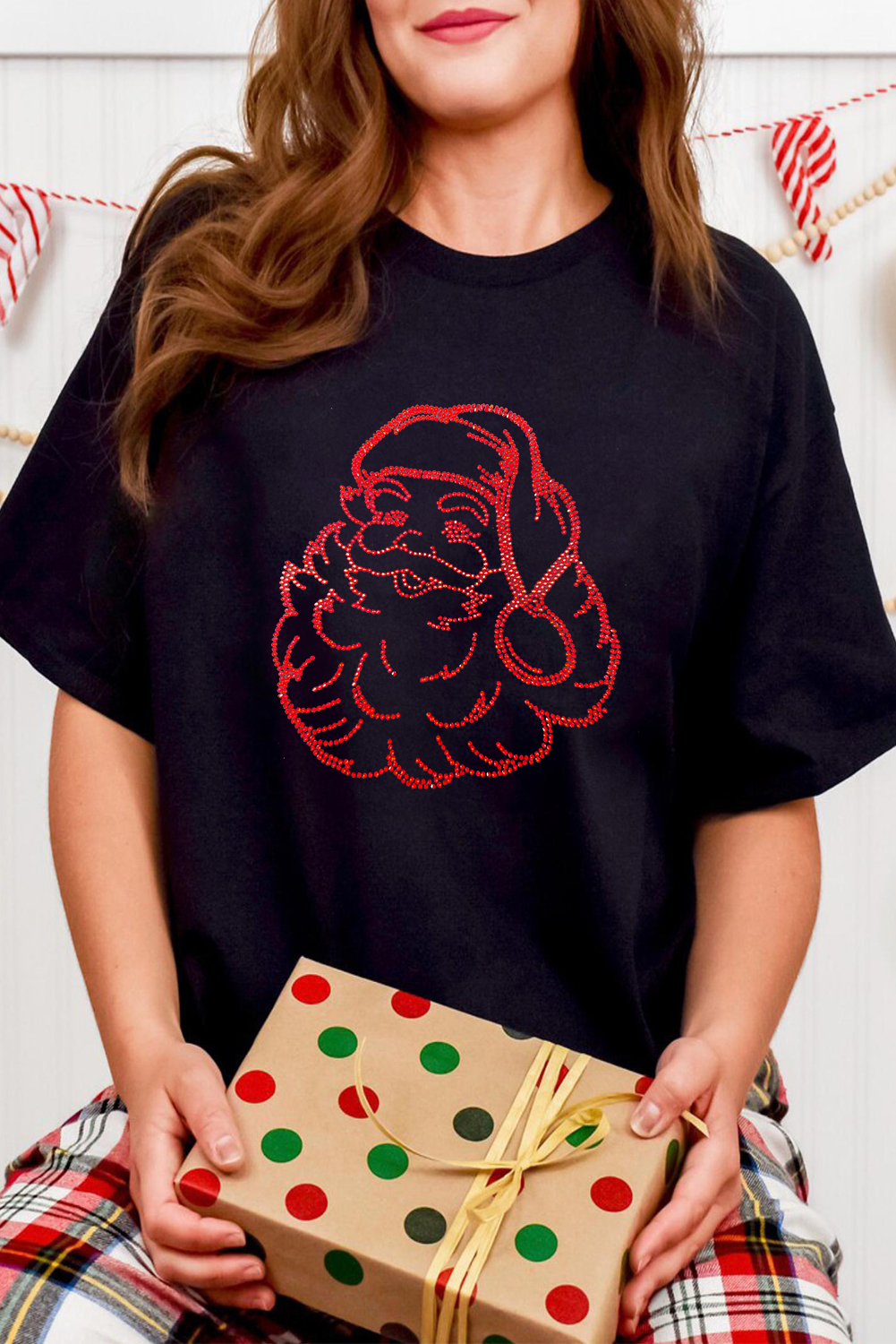 Black Rhinestone Santa Claus Christmas Graphic T Shirt - loveforevers