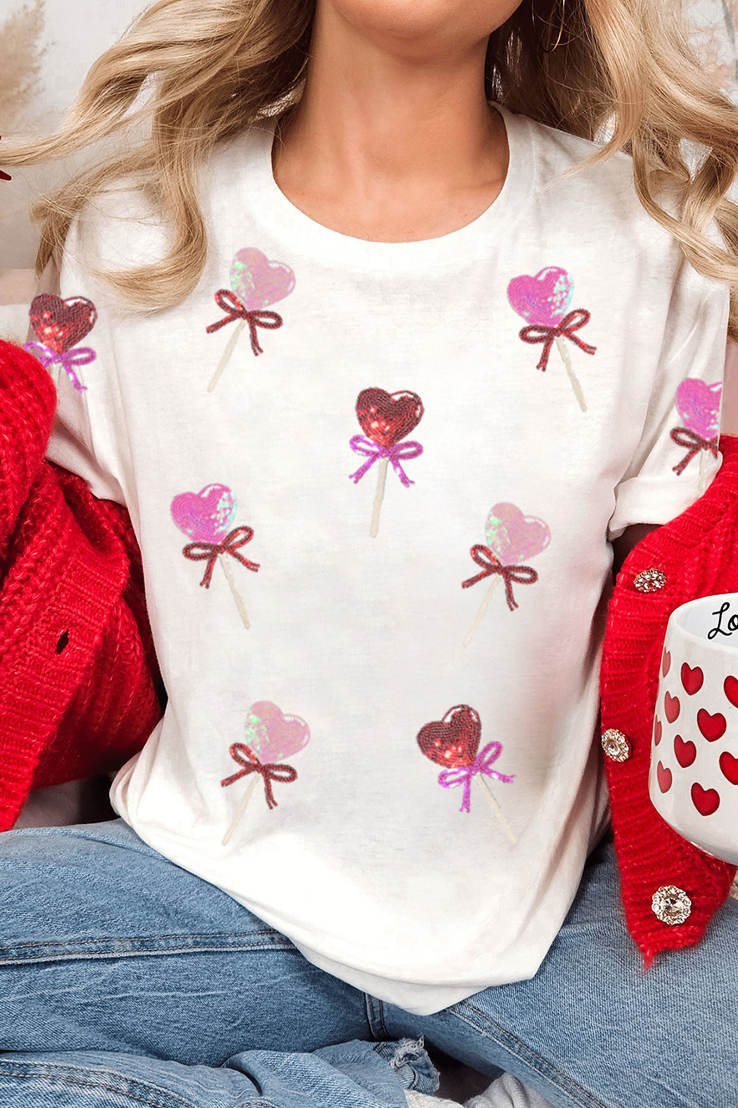 White Sequin Bow Heart Shape Lolly Valentines Day Graphic Tee - loveforevers