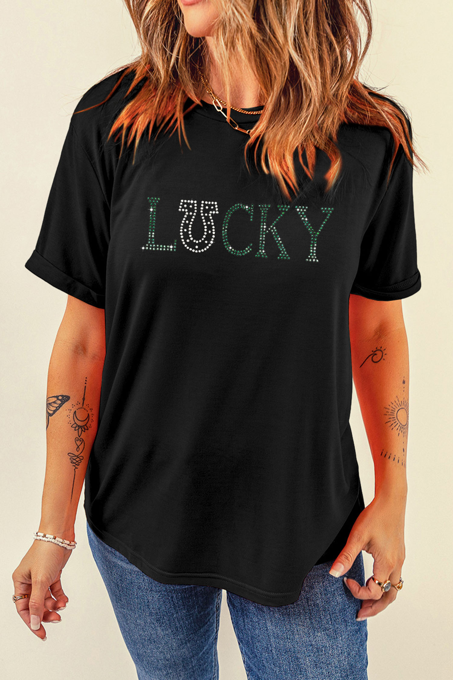 Black LUCKY Rhinestone Graphic Rolled Sleeve Tee - loveforevers