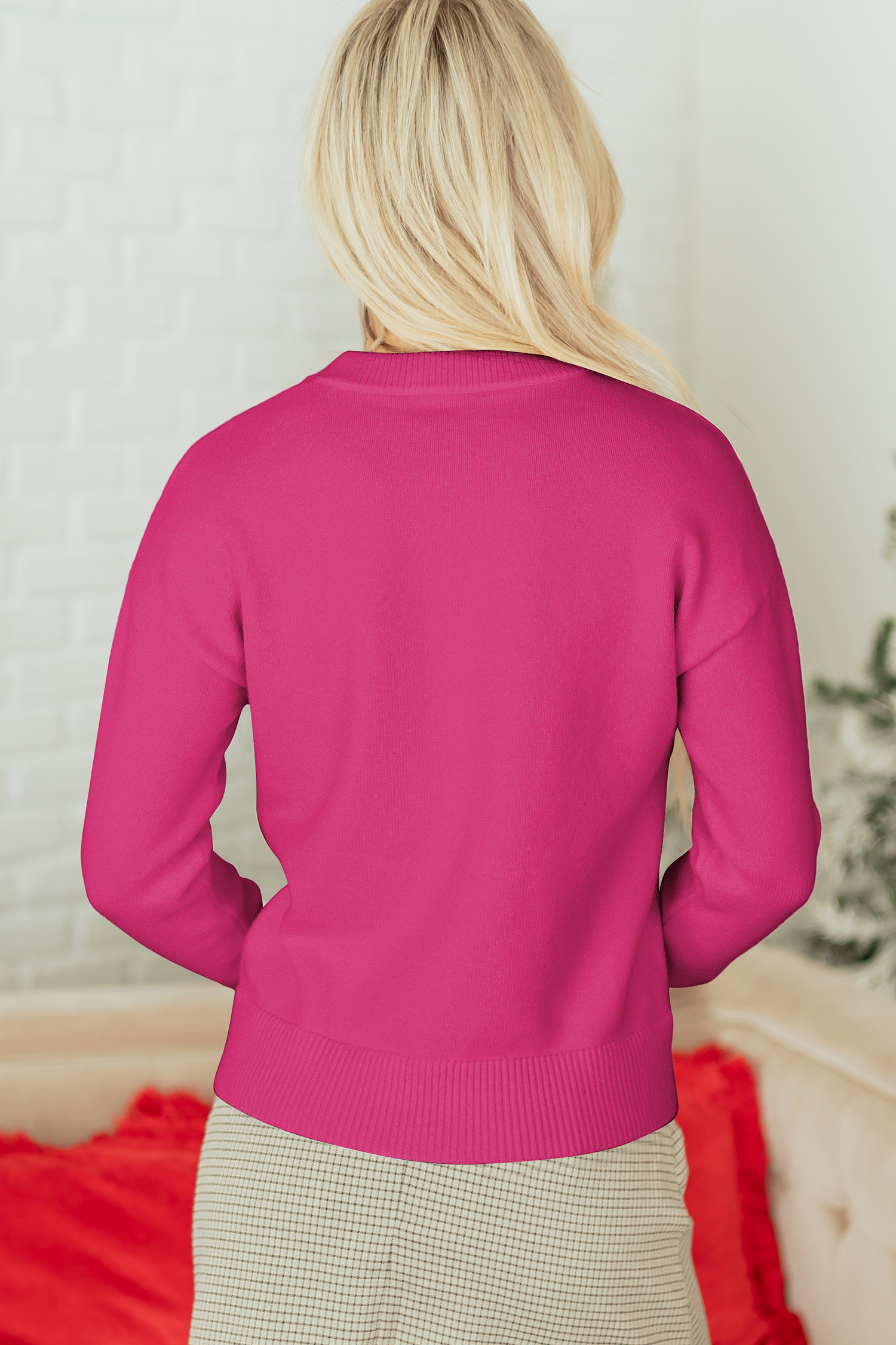 Rose Red Sequined Bow Graphic Christmas Holiday Sweater - loveforevers