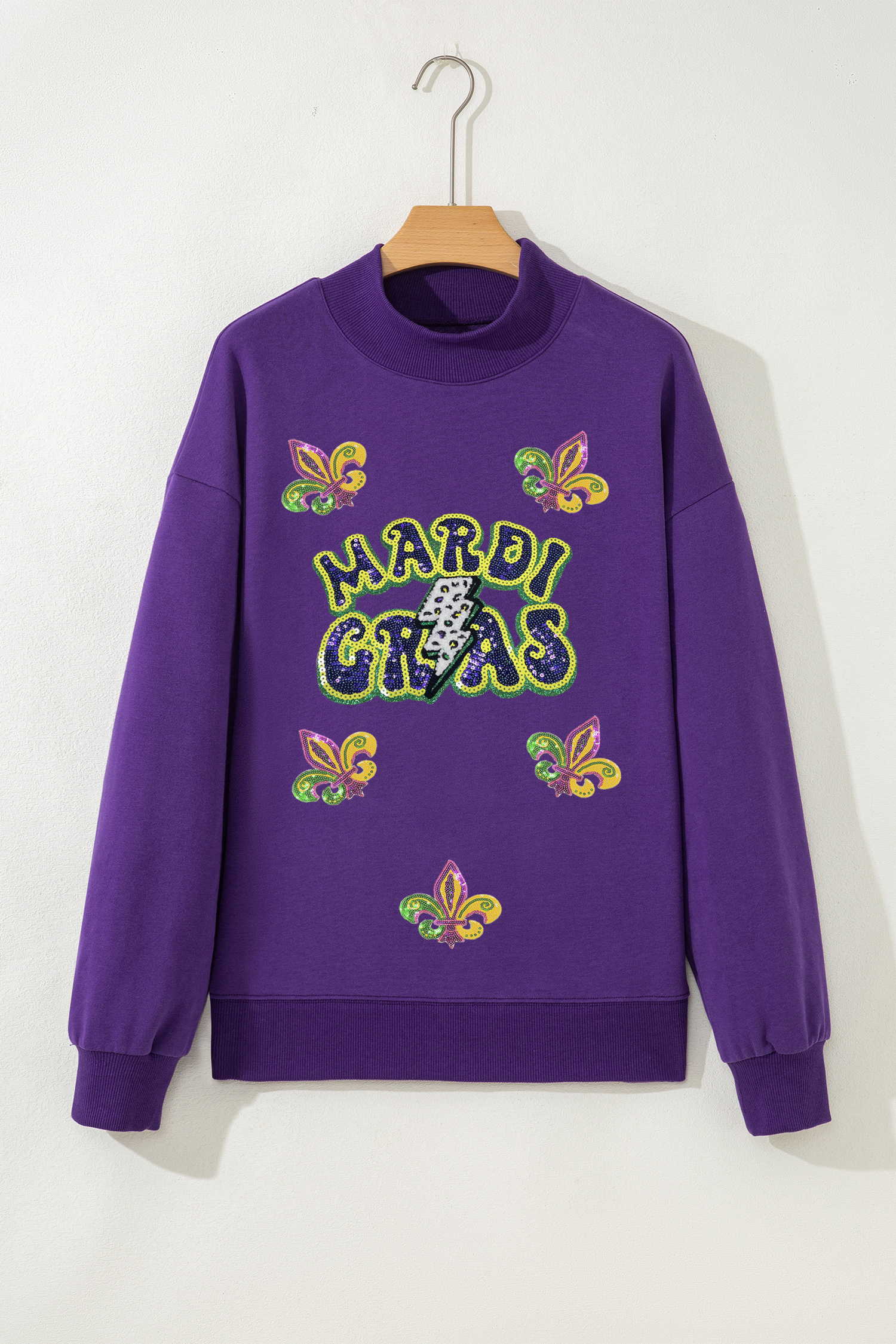 Tillandsia Purple MARDI GRAS Leopard Lightning Sequin Graphic Mock Neck Sweatshirt - loveforevers