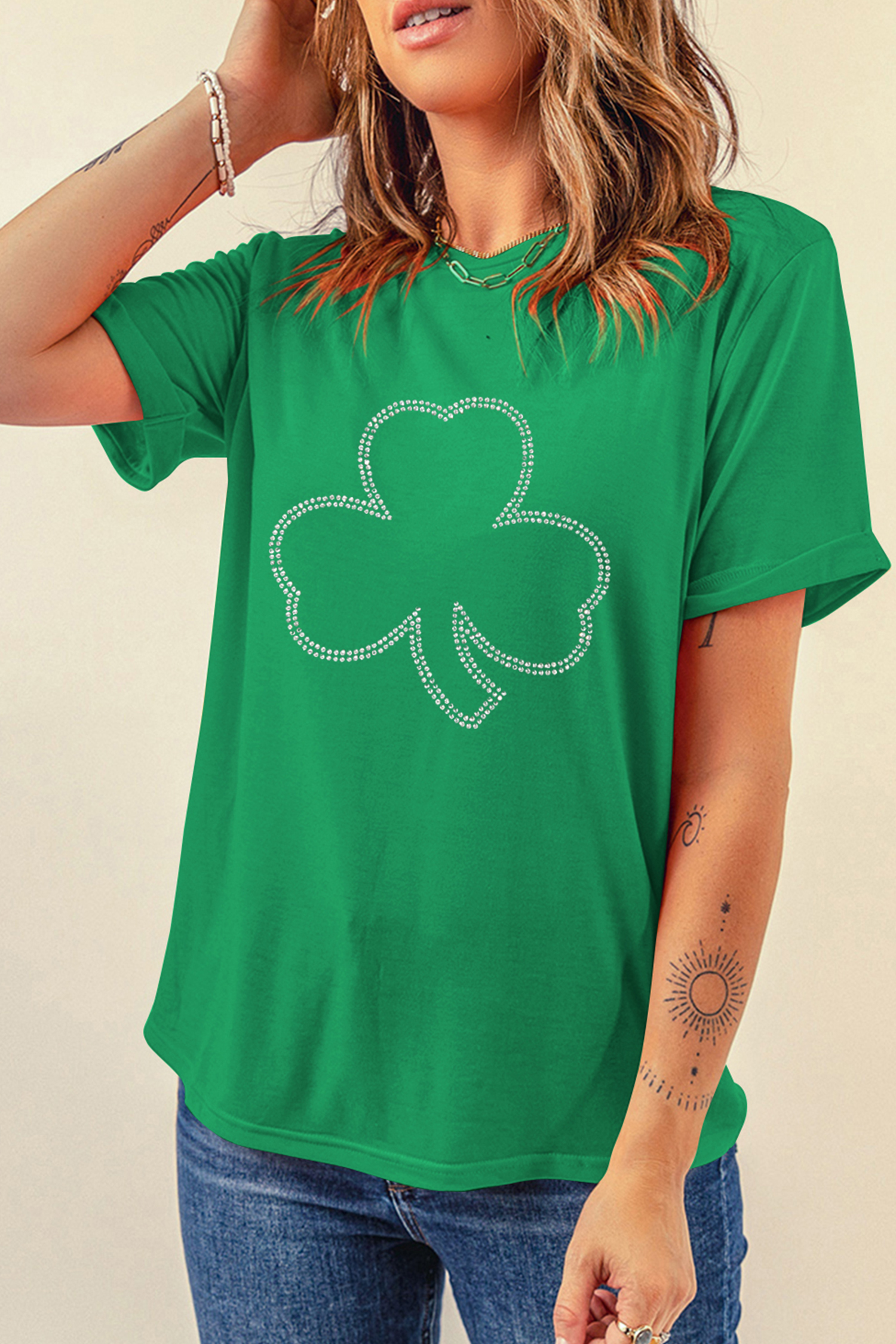 Bright Green Rhinestone Clover St Patricks Day T Shirt - loveforevers