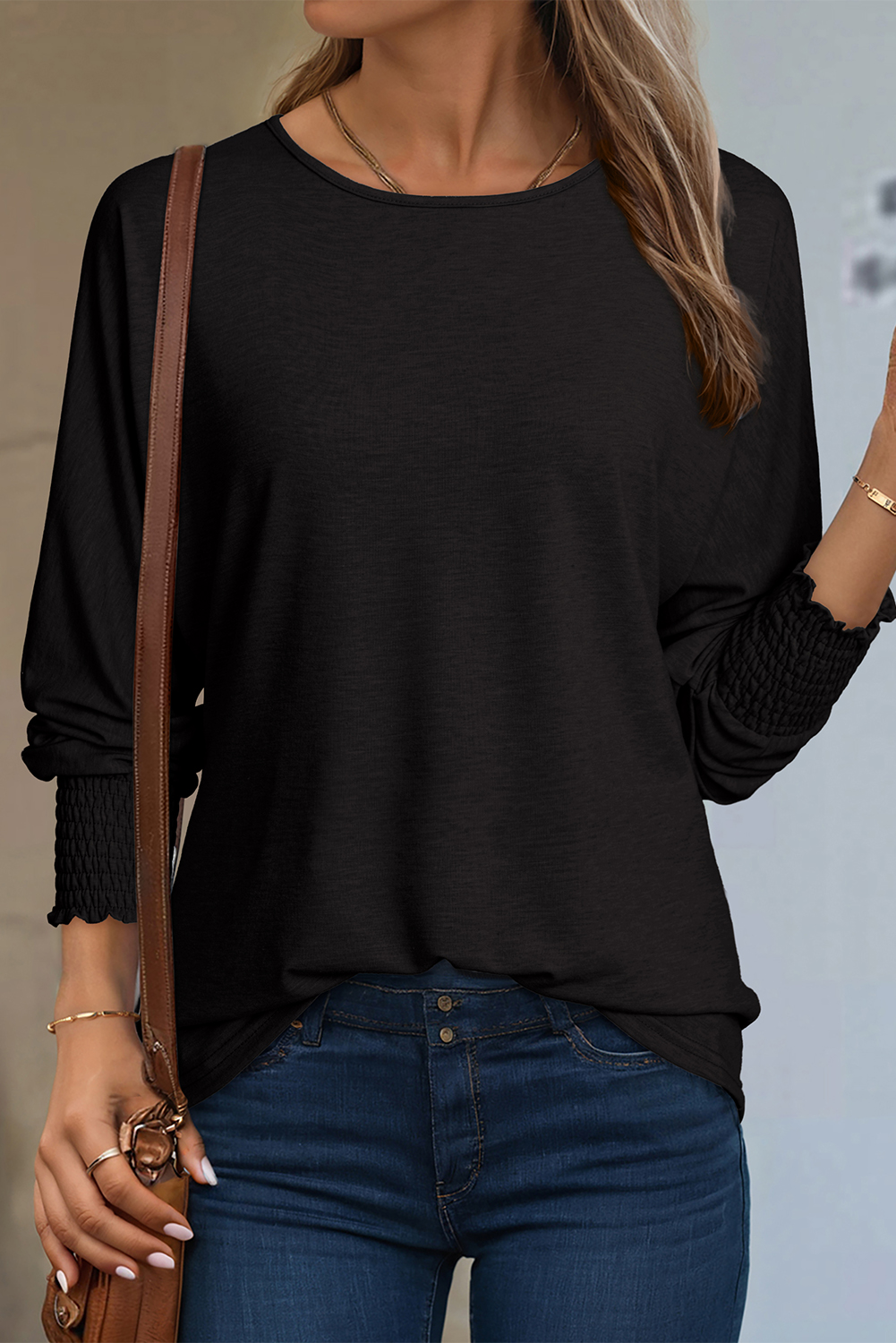 Simply Taupe Shirred Cuffs Solid Long Sleeve T Shirt - loveforevers