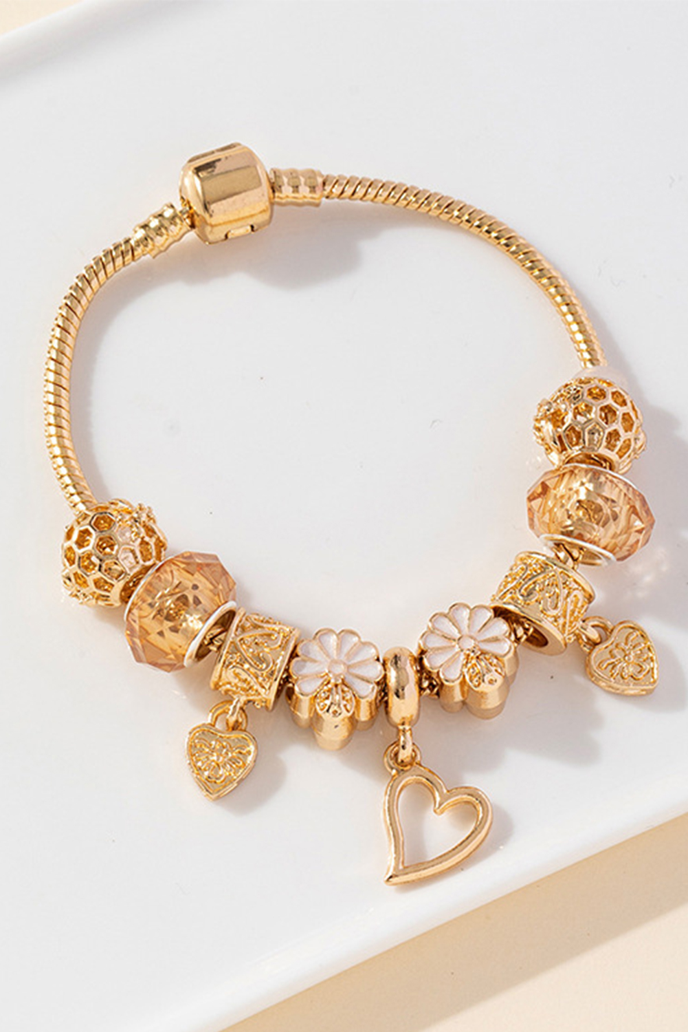 Gold Flower Heart Charm Plated Alloy Bracelet - loveforevers