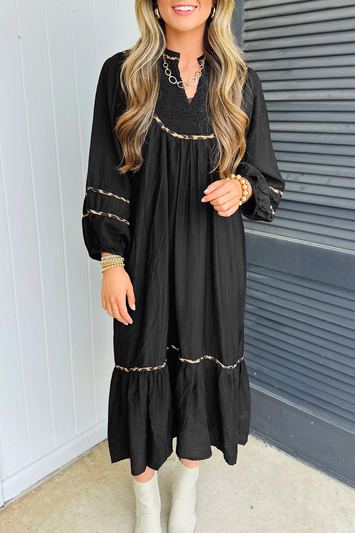 Black Contrast Leopard Trim Split Neck Long Sleeve Casual Midi Dress - loveforevers