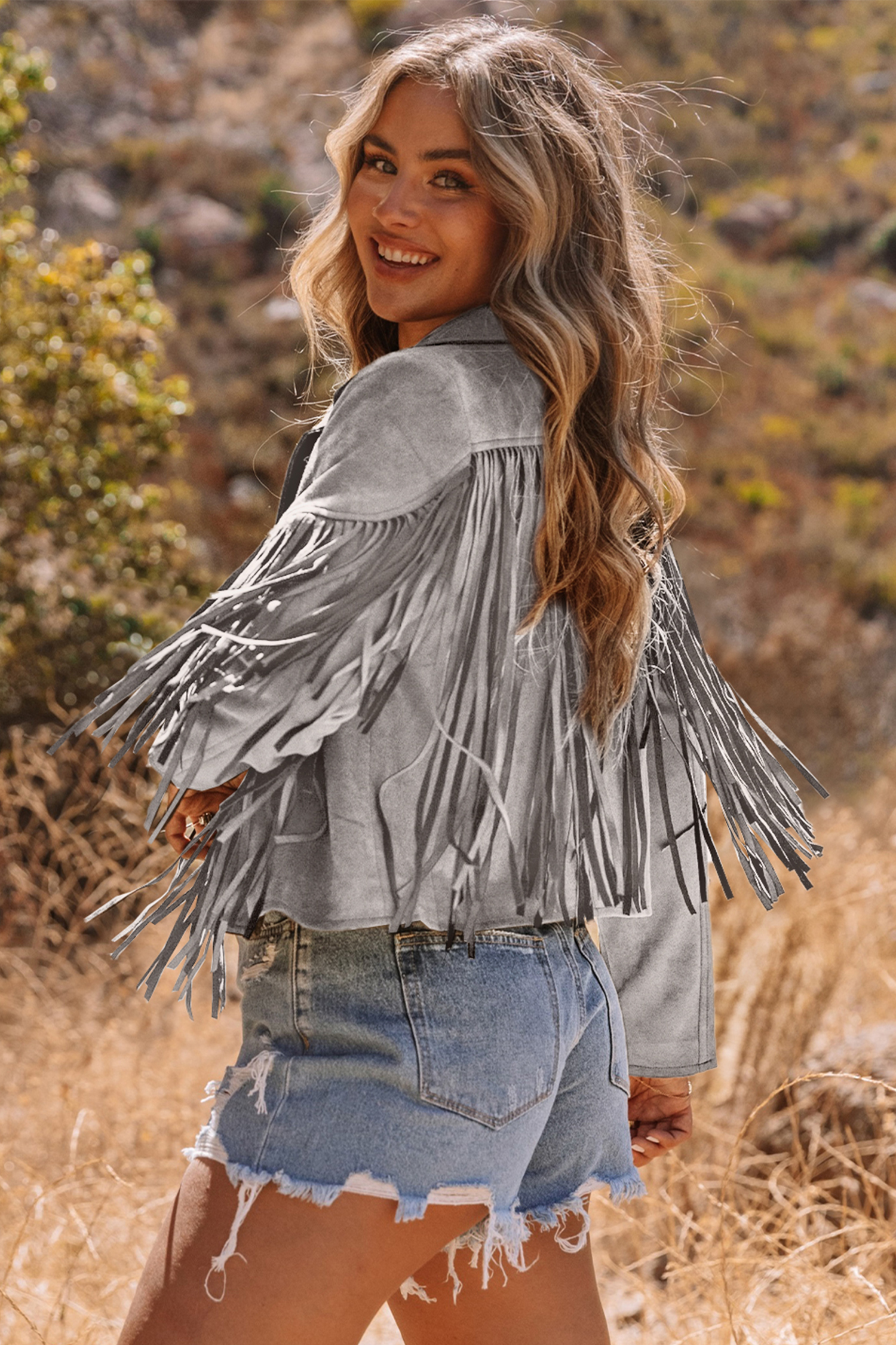 Gray Cropped Fringe Faux Suede Jacket - loveforevers