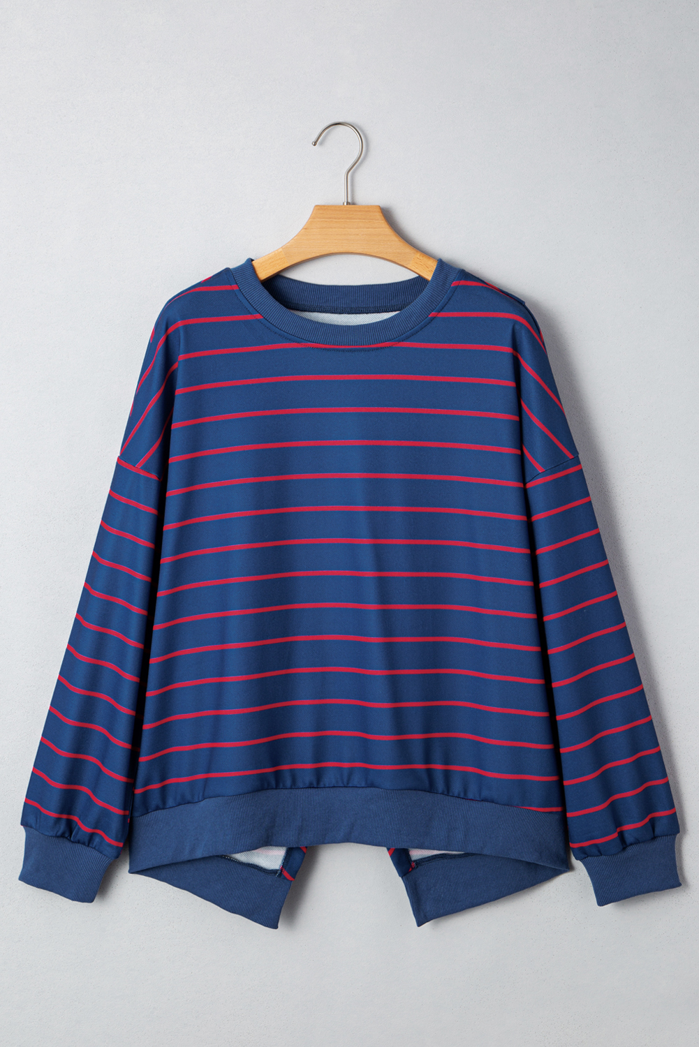 Blue Stripe Stylish Overlap Detail Drop Shoulder Pullover Sweatshirt - loveforevers